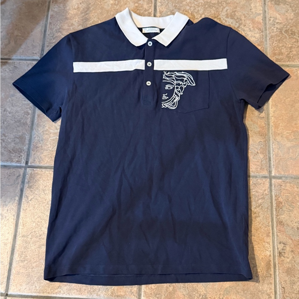 Versace Collection Navy Polo with White Collar and Stripe Detail